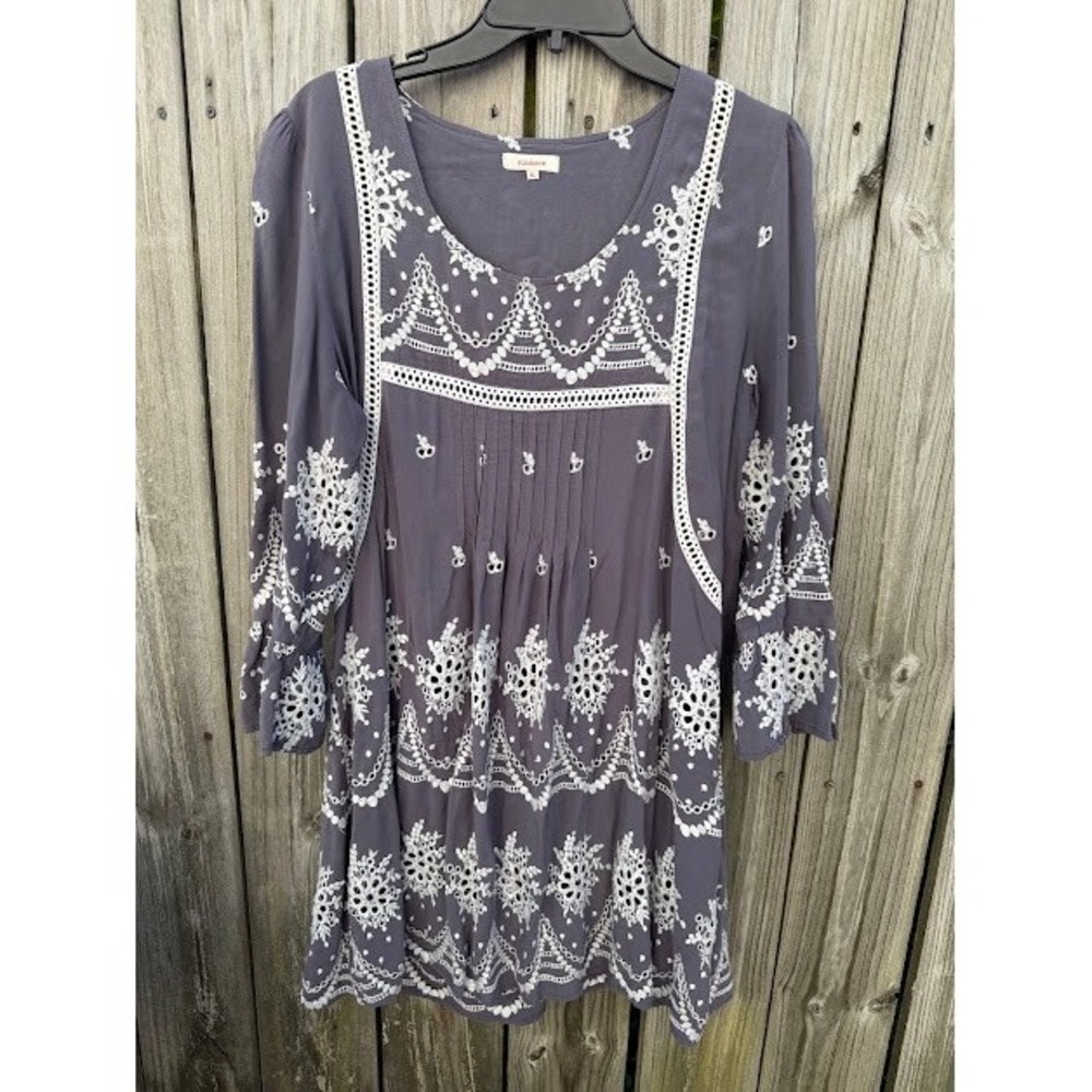 Boho Cottagecore Sundance Eyelet Embroidered Dress XL Purple Grey Lace Tunic